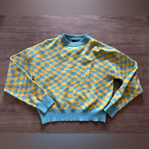 Forever 21 blue and yellow groovy checkerboard sweater - Picture 2 of 3